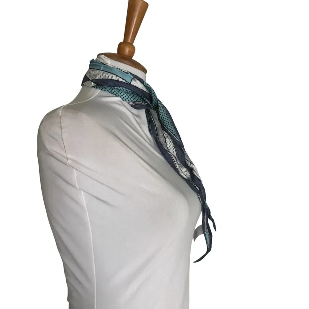 Vintage Silk Scarf Aqua Navy Geometric Polka Dot Square Neck Hair Scarf